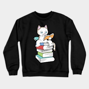 Kawaii Book Cat Tea Coffee Crewneck Sweatshirt